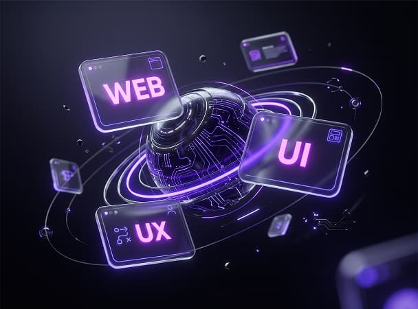 Ilustração tridimensional de interfaces Web, UI e UX conectadas por órbitas violetas